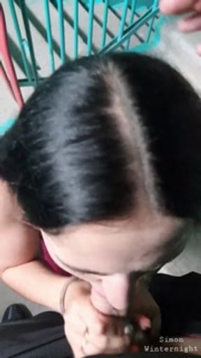 Slutty Neighbor's Wife in Red Dress Sucks Me Off on Public Stairwell