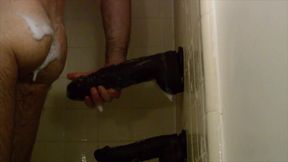 Giant Dildos in His Ass While Showering
