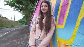 Outdoors Studying: Charming College Art Student Shows Natural Boobs
