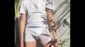 Twink self-pissing - wetting in white undies - male omorashi