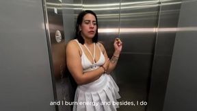 LATINA MILF NEIGHBOR fucks a BBC in the office elevator, takes off the condom, creampie, interracial