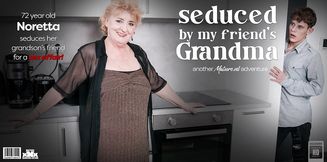 curvy 72 year old granny Noretta seduces her grandson's best friend to fuck her hard on the couch