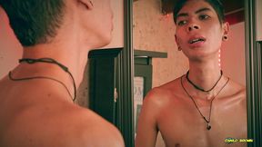 hot skinny twink jerking his big cut cock in front of the mirror