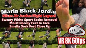 VR 3D 8K 180 60 fps | Maria Black Nike Air Jordan Flight Legend – Sweaty White Sport Socks Removal, Moist Cheesy Feet In Face, Smelly Sock Feet Close Up, Black Jordans Sniffing