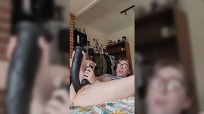 Nerdy amateur shoves immense black dildo inside her greedy honeypot