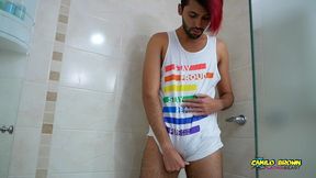 hot colombian guy pissing all over his body and jerking off - camilo brown