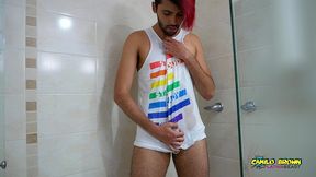 hot colombian guy pissing all over his body and jerking off - camilo brown