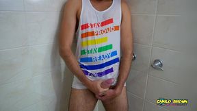 hot colombian guy pissing all over his body and jerking off - camilo brown