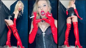 Chain smoking in red boots/ fur & gloves