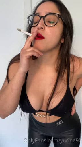 Smoking in leather leggings