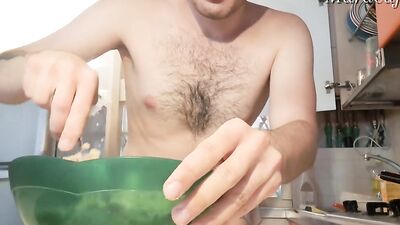 In the kitchen with a beanball recipe during a cumshot