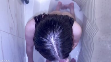 Stepson Gushes On Cute Step sister Face During Bathroom Shower Sex Standing With Big Natural Boobs POV