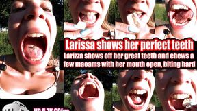 VR 3D 5,7K Larizza shows off her great teeth and chews a few maoams with her mouth open, biting hard