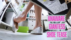 Unaware Giantess Shoe Tease- Stella Liberty tries on and dangles flip flops, flats and high heels while you hide under her chair - 4K MP4