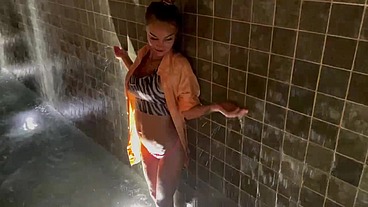 Monika Fox Is Walking Near The Water Wall!