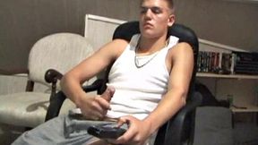 Lance is hot when he looks into the camera and plays with his cock. He asks if we want to suck his dick, before blowing a warm cum load all over his chair and having a taste for the very first time.