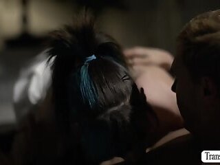 Trans stepmom comforts her problimatic stepson by sucking him