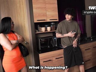 Large-bootied stepmother finds her stepson masturbating and makes a decision how to assist him