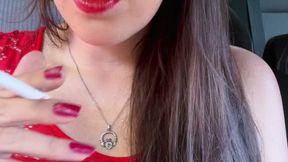 Sexy Goddess D with Red Lipstick and Red Lace Dress Smoking in the Car