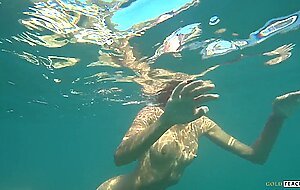 Goldteachers, naked model swims on a public beach in ru