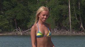 Perfect blond nasty mermaid have sex fun with two friends on beach and lake.