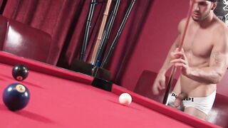 Attractive jock plays pool before stroking his big hard cock