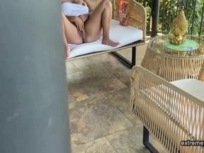 I caught my stepmom fingering on the patio