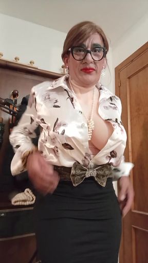 Beautiful breasts with satin blouse..
