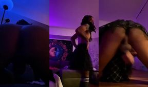 Shy tgirl twerks in dress while jerking off with her huge dick
