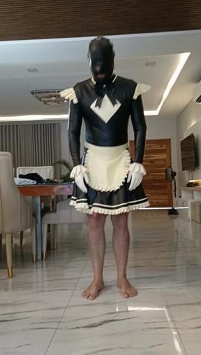 Wearing latex sissy dress for exercise