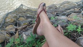 As I tap my flip-flops against my heels I emphasize my pronounced arches (cC)