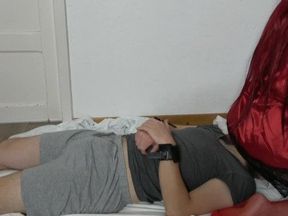Girl in Red Pantyhose on Slave in Handcuffs Socks Femdome. Part 5