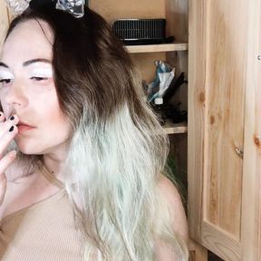 modest stepsister smokes a cigarette