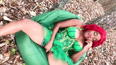 Black girl toy plays outside in her costume while thick curvy thighs glisten under the light