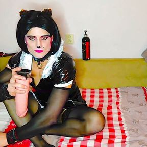 Sweet cat ear tranny fucks her insatiable ass with huge dildo