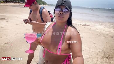 Brazilian hotwife flashes her micro bikini live on the beach
