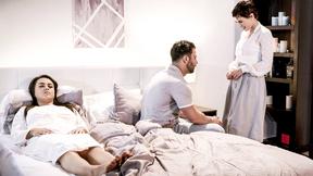 ”Big boobs MILF nurse fucks paralysed patients hubby on her bed”