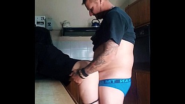 His best friend fucks me in the kitchen while he is watching tv next to us