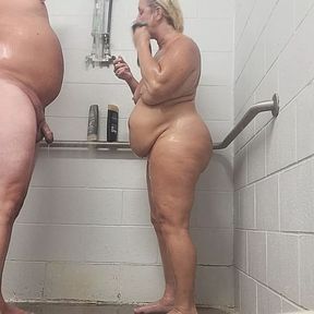 Shower sex with cum in her mouth, after a standing doggystyle session, tits are bouncing ass n thighs are jiggling