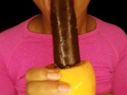 Big Tits Girl Wet Down Double Dick Dildo With Her Favorite Fruit!!!POV