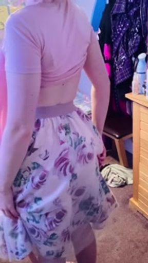 smol tit teen strips out of a pretty pink dress and plays with her pretty pink pussy