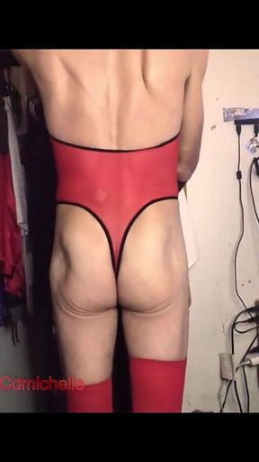 Cdmichelle Wearing Red Garter Panties & Onepiece Red Bodysuit