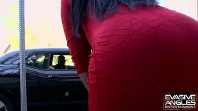 EVASIVE ANGLES Sienna Dream streetwalks in a short red dress and  finds a man to fuck her in no time, and he shoots his load all over her black ass.