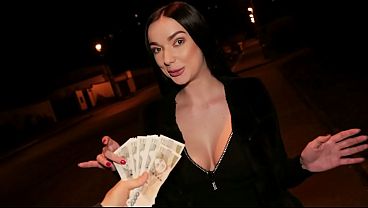 Busty brunette in black lingerie takes it doggystyle for cash