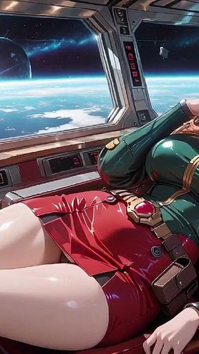 Inside the Sci-fi Train, She Wears a Tight Green Armor, Touching Her Red Lips While Gazing at the Galaxy Through the Porthole.