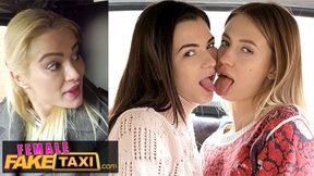 Three sexy babes use toys and lick each other's vaginas in a taxi