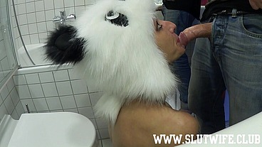 Submissive Girl Vilja in Panda Hat Delivers a Sloppy POV Bathroom Deepthroat Blowjob with Face Fuck, Spit, and Cum Drenched Face