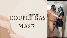 couple gas mask in the shower