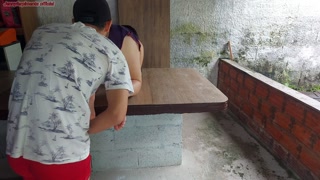 After having a coffee with her neighbor she gets horny and I cum in her pussy on the balcony of her