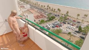 sex on the balcony beach view - outdoor blowjob cum on tits